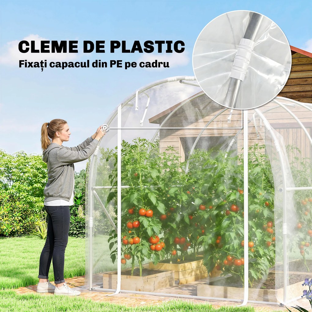 Outsunny Seră de Grădină Tip Tunel 2x3x2 m cu 2 Uși Rulabile, Seră pentru Legume, Flori și Fructe, cu 4 Bare Diagonale, Cadru din Oțel și Acoperiș PE, Transparentă | Aosom Romania
