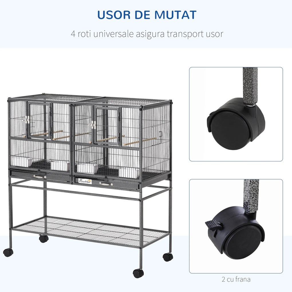PawHut Colivie Dubla pentru Pasari din Metal cu Tavi Detasabile Suport cu 4 Roti si Raft,95x45.5x102cm, Neagra Gri | Aosom Romania
