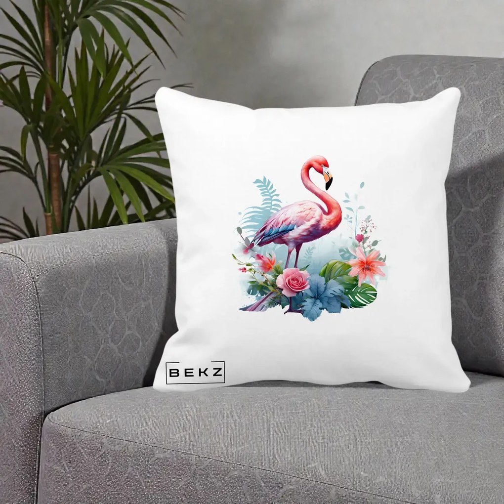 Perna Decorativa Flamingo cu Flori Tropicale Acuarela, 40x40 cm, Alba Mata, Husa Detasabila, Perna Inclusa, BEKZ®