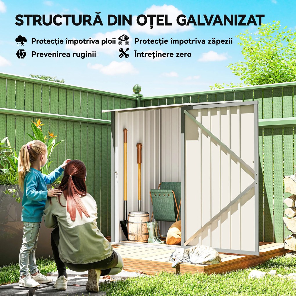 Outsunny Căsuță de Grădină 0.92m² din Oțel Galvanizat, Depozit pentru Unelte cu Ușă Batantă și Sistem de Blocare, Acoperiș Înclinat, 100x104x160 cm, Gri Deschis | Aosom Romania