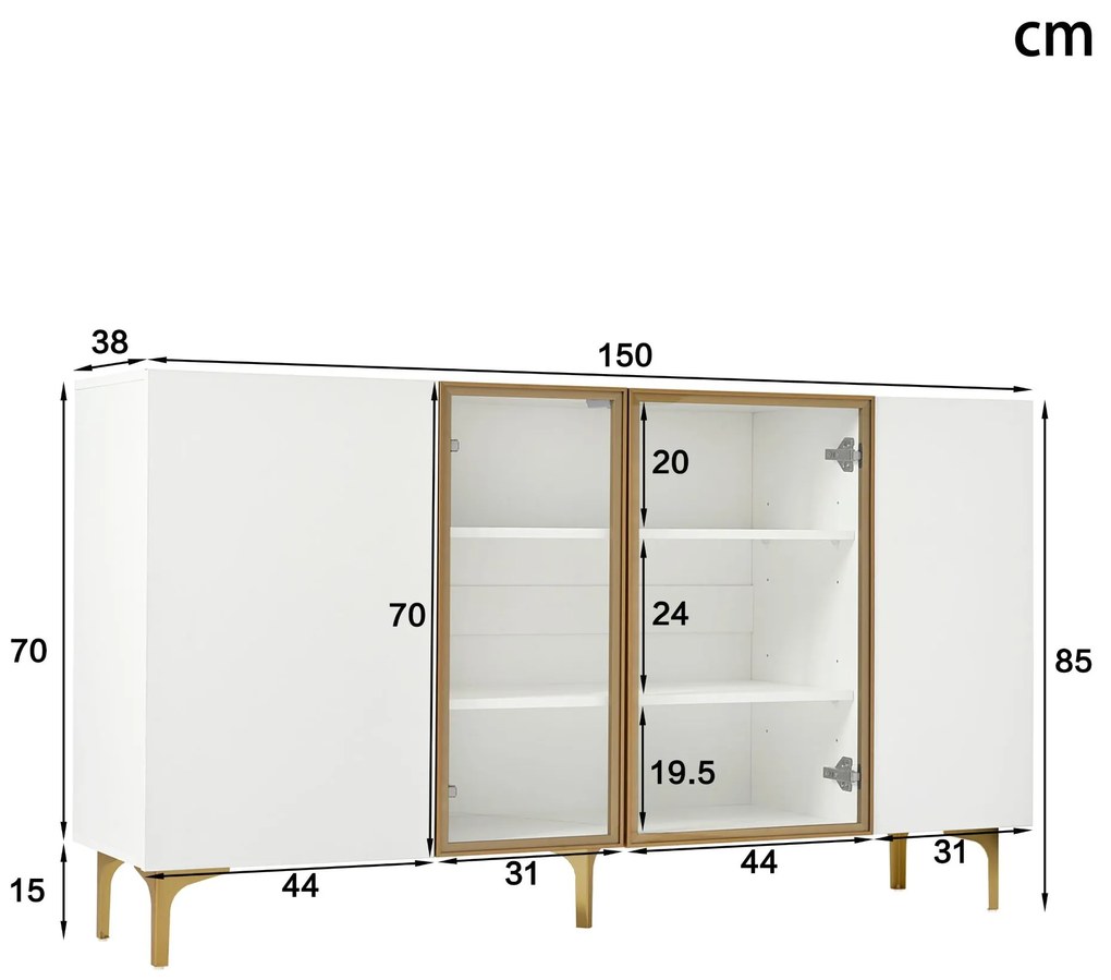 Comodă cu 4 uși, sticlă & metal, mult spațiu de depozitare, 150x38x85 cm, Alb