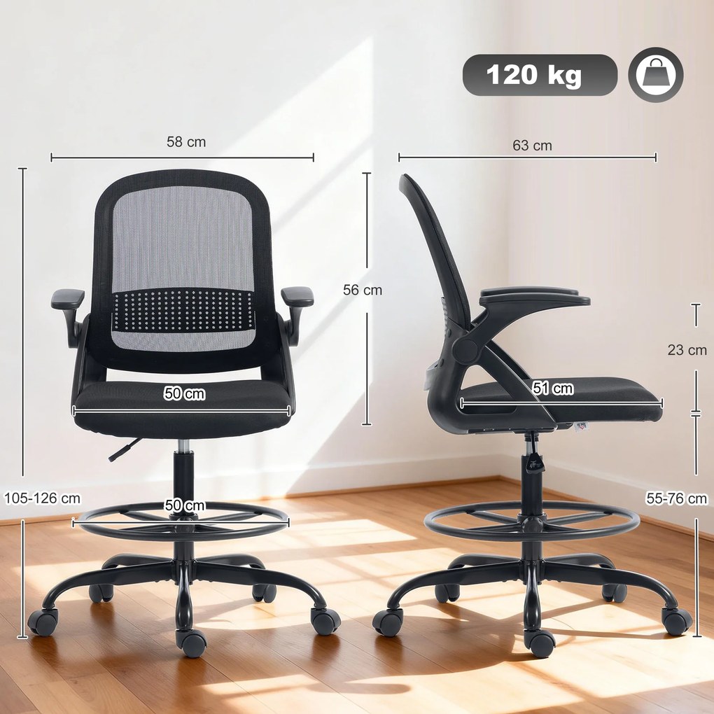 HOMCOM Scaun de Birou Ergonomic, Scaun Rotativ din Plasă, Înălțime Reglabilă și Suport pentru Picioare, Scaun de Birou cu Suport Lombar și Brațe Rabatabile, Capacitate 120kg, Negru | Aosom Romania