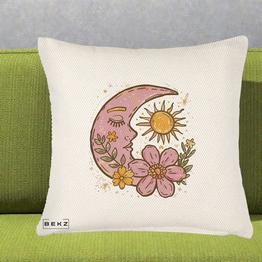 Perna Personalizata Luna si Soare Floral Boho, 40x40 cm, Crem Reliefat, Husa Detasabila, Perna Inclusa, BEKZ®