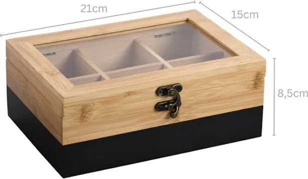 Cutie pentru depozitarea pliculetelor de ceai Kesper 58940, 6 compartimente, 21,6 x 15 x 8,5 cm, Bambus, Maro/Negru