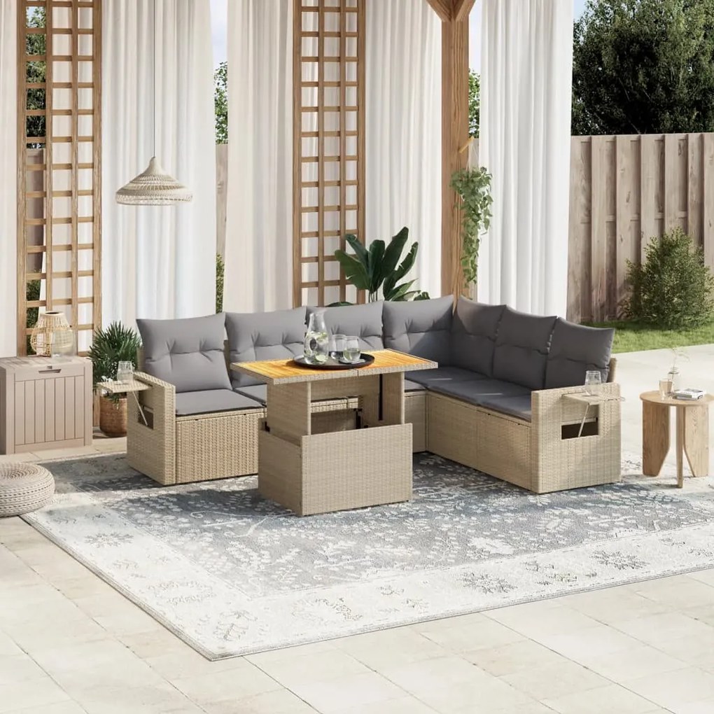 vidaXL Set canapele de grădină, 7 piese, cu perne, bej, poliratan