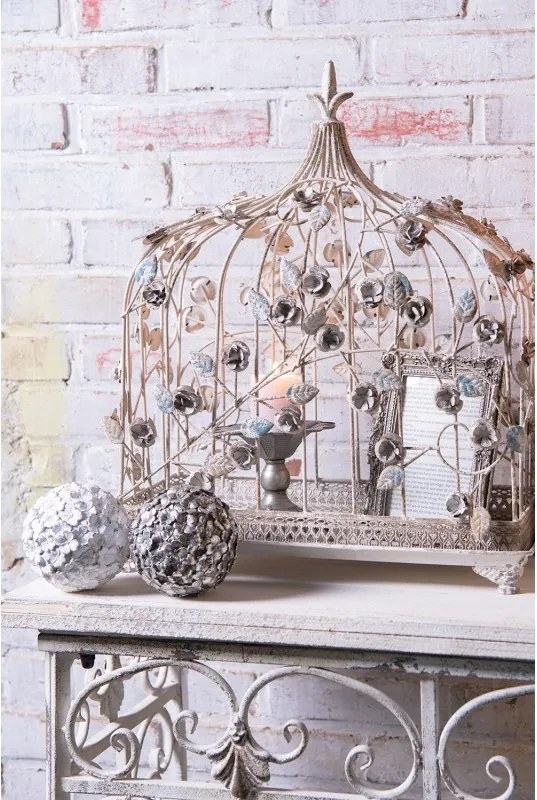 Colivie decorativa, alb, din metal, motive florale, aspect vintage