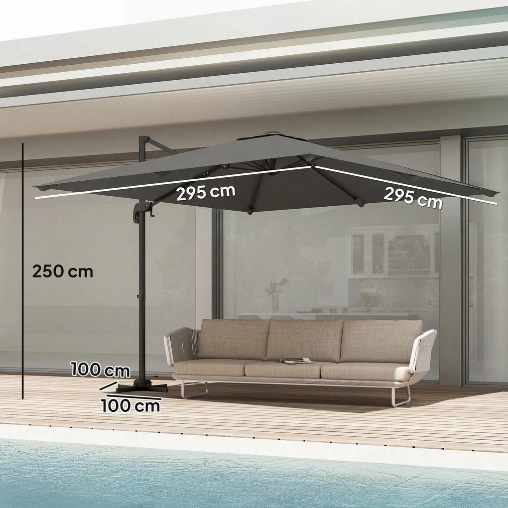 Outsunny Umbrelă de Grădină Decentralizată cu Manivelă 3x3m, Înclinabilă, Rotativă 360°, Umbrelă de Exterior Pătrată cu Bază Cruce, din Aluminiu, pentru Terasă sau Piscină, UV30+, Gri Închis | Aosom Romania