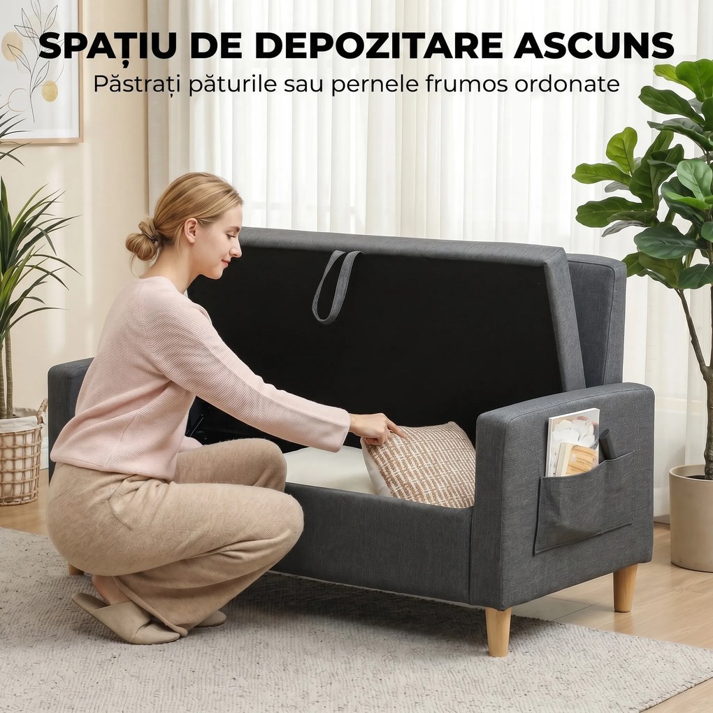 HOMCOM Canapea 2 Locuri din Țesătură Efect In cu 2 Perne Detașabile și Spațiu de Depozitare, Gri Închis | Aosom Romania