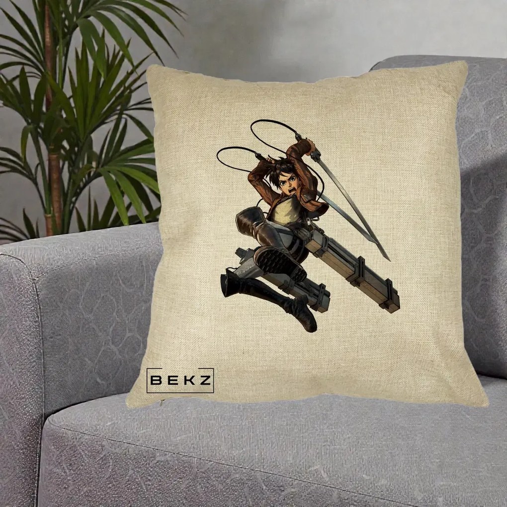 Perna Personalizata Attack on Titan Eren Yeager Lupta, 40x40 cm, Crem, Husa Detasabila, Perna Inclusa, BEKZ®