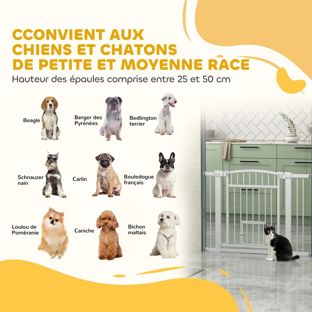 PawHut Barieră de siguranță pentru câini, sistem dublu de închidere, montaj prin presiune sau găurire, lățime 76-104 cm, alb | Aosom Romania