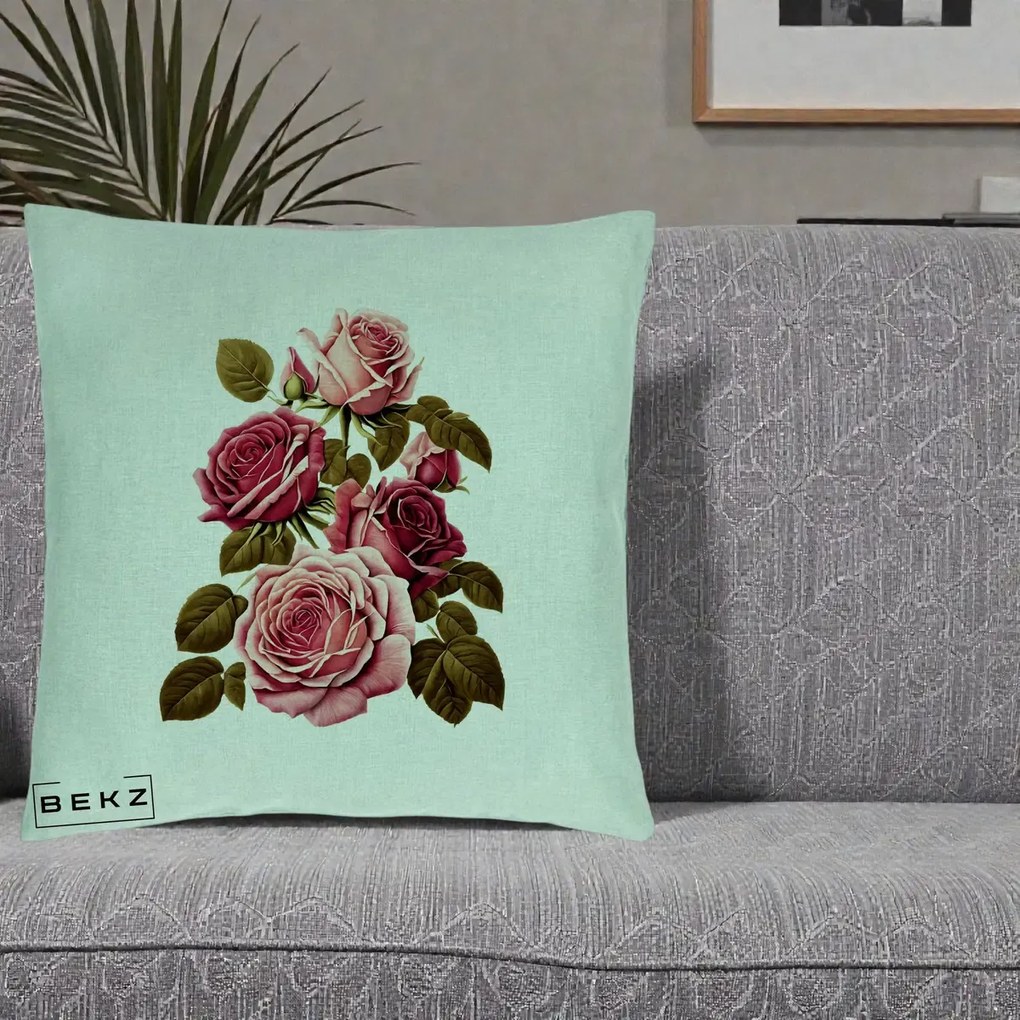 Perna Decorativa Trandafiri Vintage Roz-Rosii, 40x40 cm, Verde Menta, Husa Detasabila, Perna Inclusa, BEKZ®