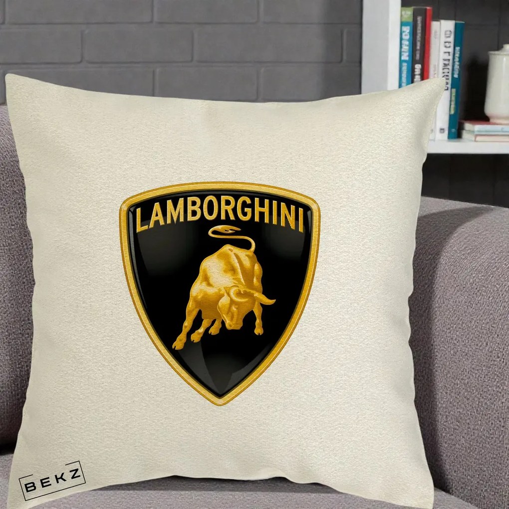 Perna Personalizata cu emblema Lamborghini, 40x40 cm, Ecru, Husa Detasabila, Perna Inclusa, BEKZ®