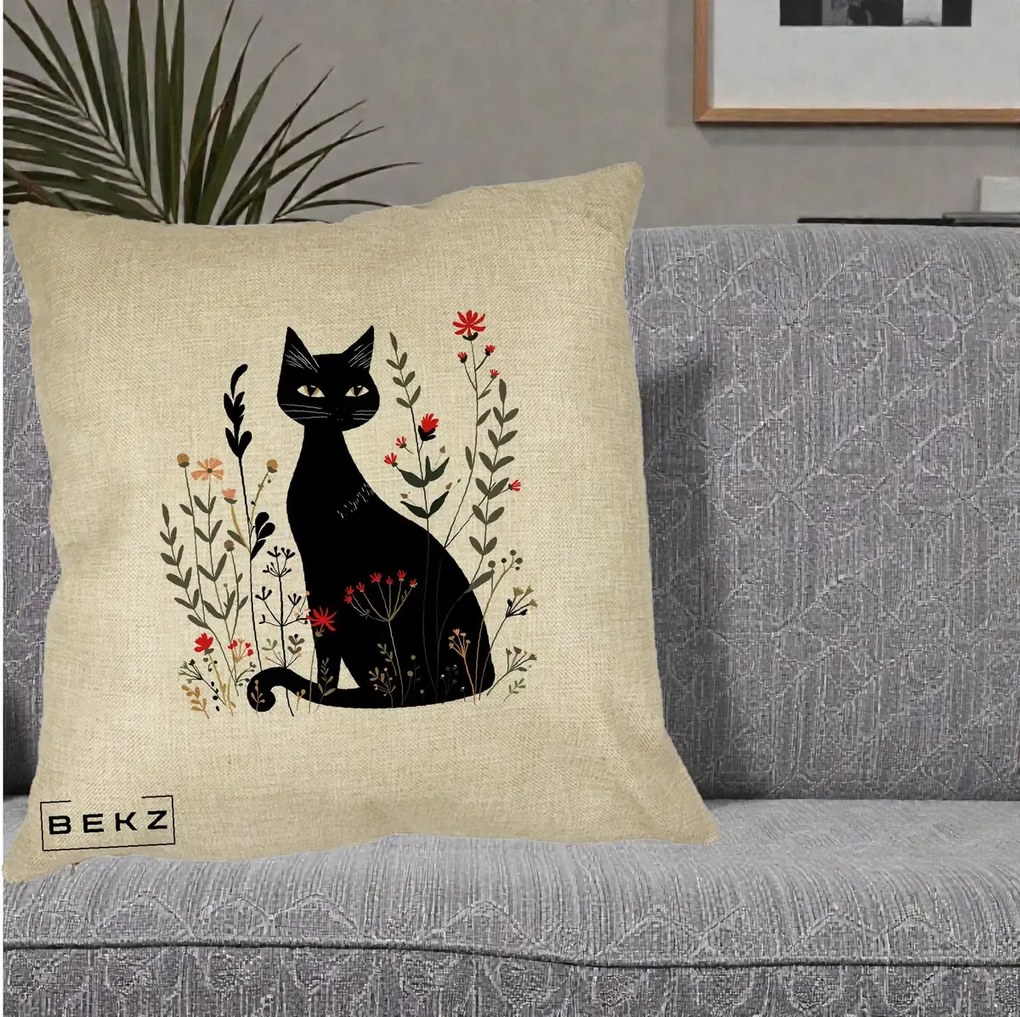 Perna Decorativa Pisica Neagra Botanica Rosu-Gri, 40x40 cm, Crem, Husa Detasabila, Perna Inclusa, BEKZ®