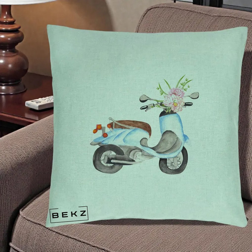 Perna Decorativa Scuter Albastru cu Flori Acuarela, 40x40 cm, Verde Menta, Husa Detasabila, Perna Inclusa, BEKZ®