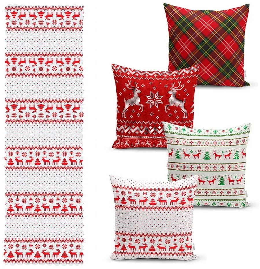 Set 4 fețe de pernă și un napron de masă cu model de Crăciun Minimalist Cushion Covers Nordic Knit