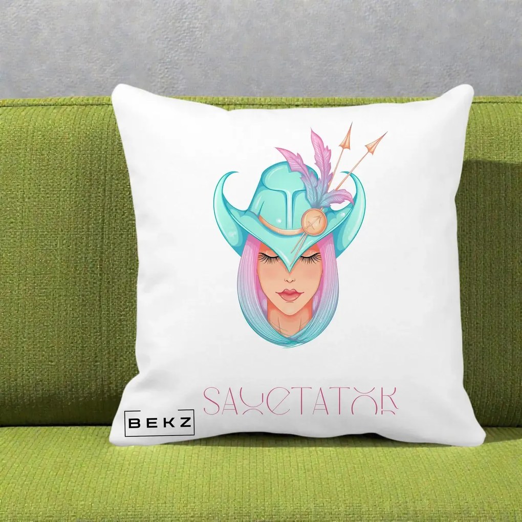 Perna Personalizata Zodiac Sagetator Cowgirl, 40x40 cm, Alba Mata, Husa Detasabila, Perna Inclusa, BEKZ®
