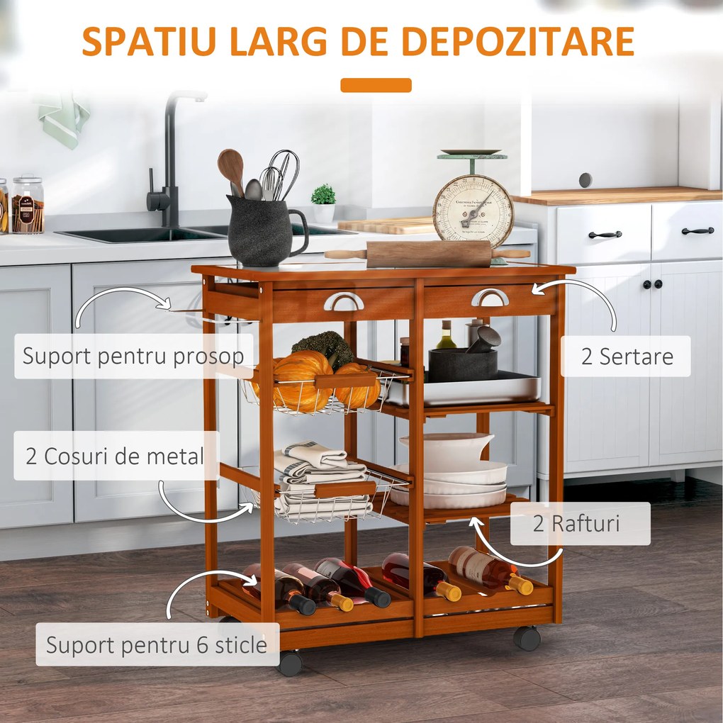 HOMCOM, Carucior bucatarie, dulap cu roti, dulap cu sertare, mobilier pentru bucatarie, maro | Aosom ro
