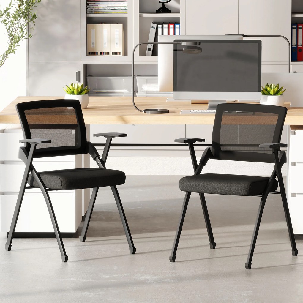 HOMCOM Set de 2 Scaune Pliabile în Material Textil cu Efect de In cu Spătar Curbat și Brațe, Scaune Portabile Salvaspațiu din Oțel, pentru Casă, Birou, Bucătărie, Evenimente, 61x56x84 cm, Negru | Aosom Romania