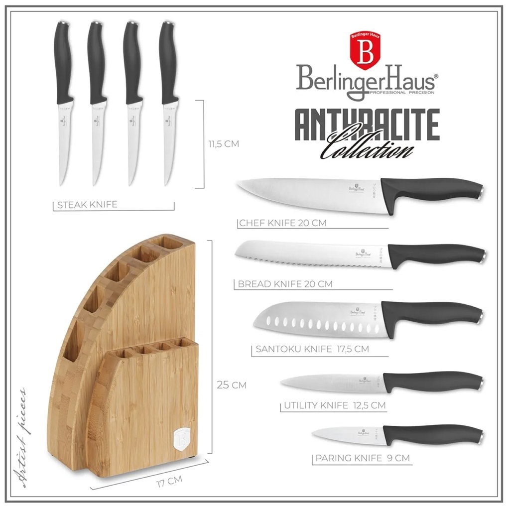 RESIGILAT - Set cutite 10 piese Antracite Berlinger Haus BH 2758, stativ lemn, gri