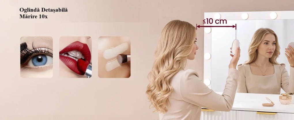 SEA823 - Set Masa toaleta 110 cm, 5 Sertare, Oglinda cu LED, Priza, USB si USB-C, masuta vanity cu Riflaje, make-up cu Organizator Bijuterii - Alb -