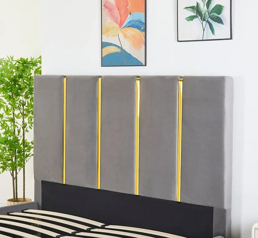 Pat Tapitat Catifea Gri 160x200 cm cu Somiera si Saltea  Inclusa ,   Cod LB-214