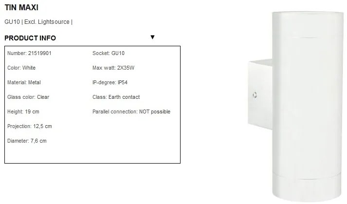 Aplica de perete exterior dubla IP54 Tin Maxi alb 21519901 NL