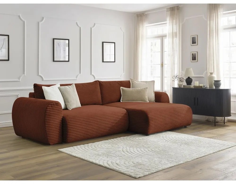 Colțar cărămiziu extensibil cu tapițerie din catifea reiată (cu colț pe partea dreaptă) Lucien – Bobochic Paris