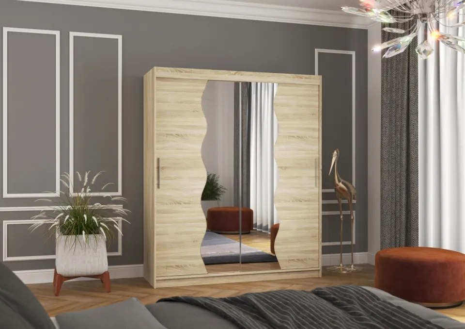 Dulap cu usi glisante si oglinda 180x215 cm, Kansas, ADRK Furniture (Culoare: Negru)