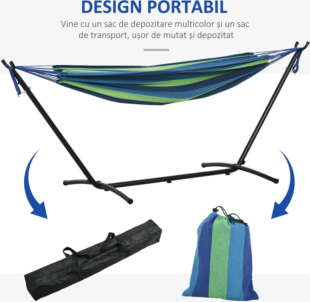 Outsunny Hamac de Grădină Suspendat 310x117 cm cu Înălțime Reglabilă și Suport, Capacitate 120 kg, Hamac Independent cu Geantă de Transport, pentru Camping, Grădină, Balcon, Patio, Verde și Albastru | Aosom Romania
