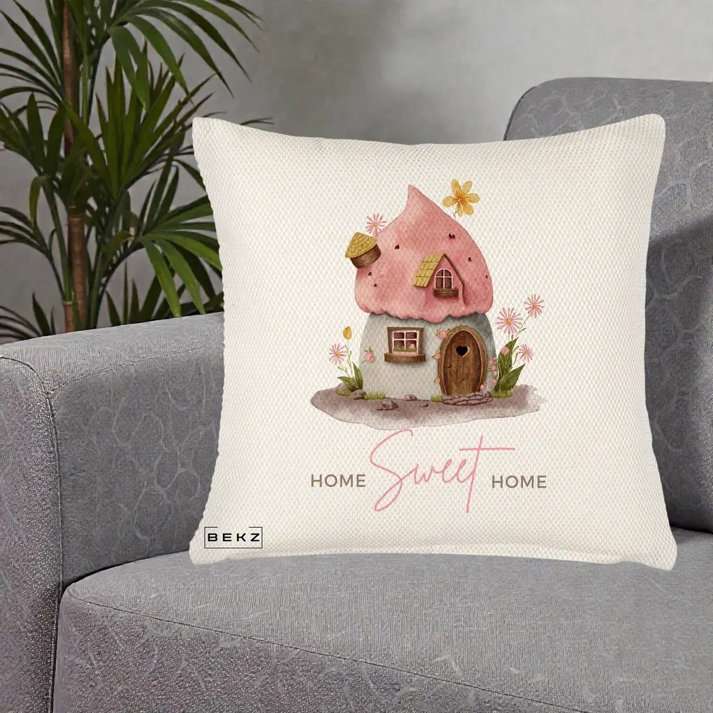 Perna Decorativa Home Sweet Home Casuta, 40x40 cm, Crem Reliefat, Husa Detasabila, Perna Inclusa, BEKZ®