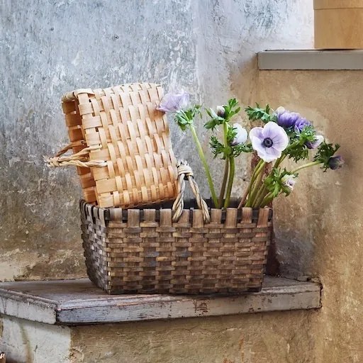 Coș de picnic din lemn gri, împletit manual, cu mânere, 27 × 37.5 × 27 cm, „Kerstin"