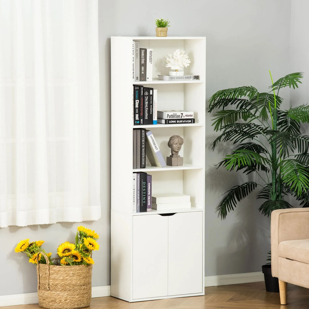 Biblioteca Moderna HOMCOM 4 Etajere cu Dulapior din Lemn cu 2 Usi, Mobilier Multifunctional pentru Living si Birou 59x29x180cm, Alba | Aosom Romania