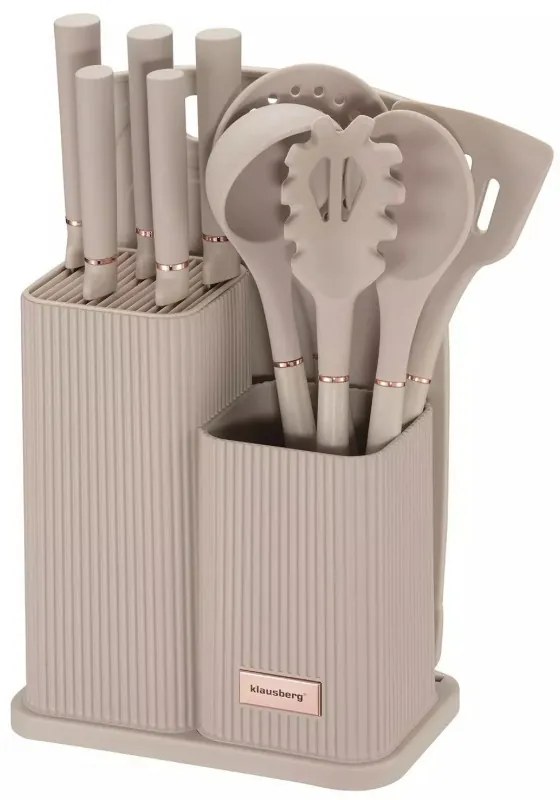 Set cutite si ustensile Klausberg KB 7935, Tocator si suport, 12 piese, Bej