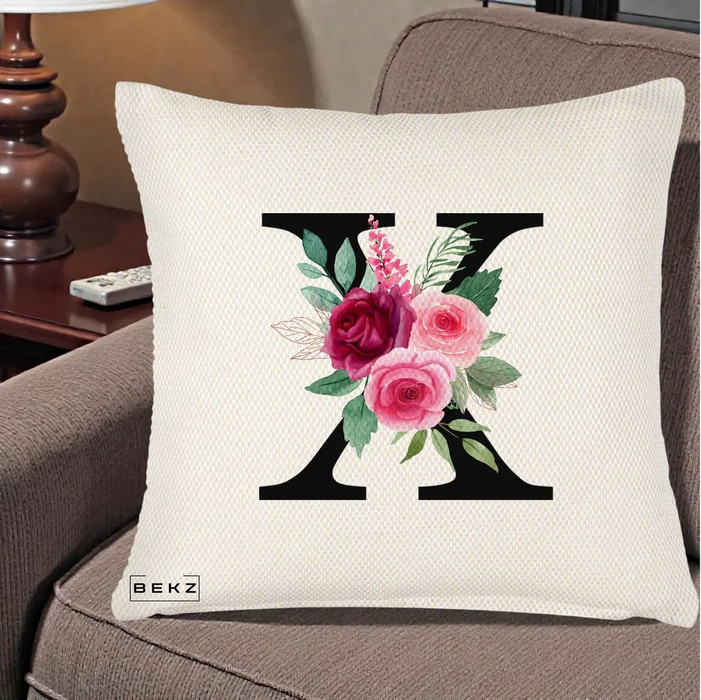 Cadou Personalizat - Perna Personalizata Monograma Florala Litera X cu Buchet, 40x40 cm, Crem Reliefat, Husa Detasabila, Perna Inclusa, BEKZ®