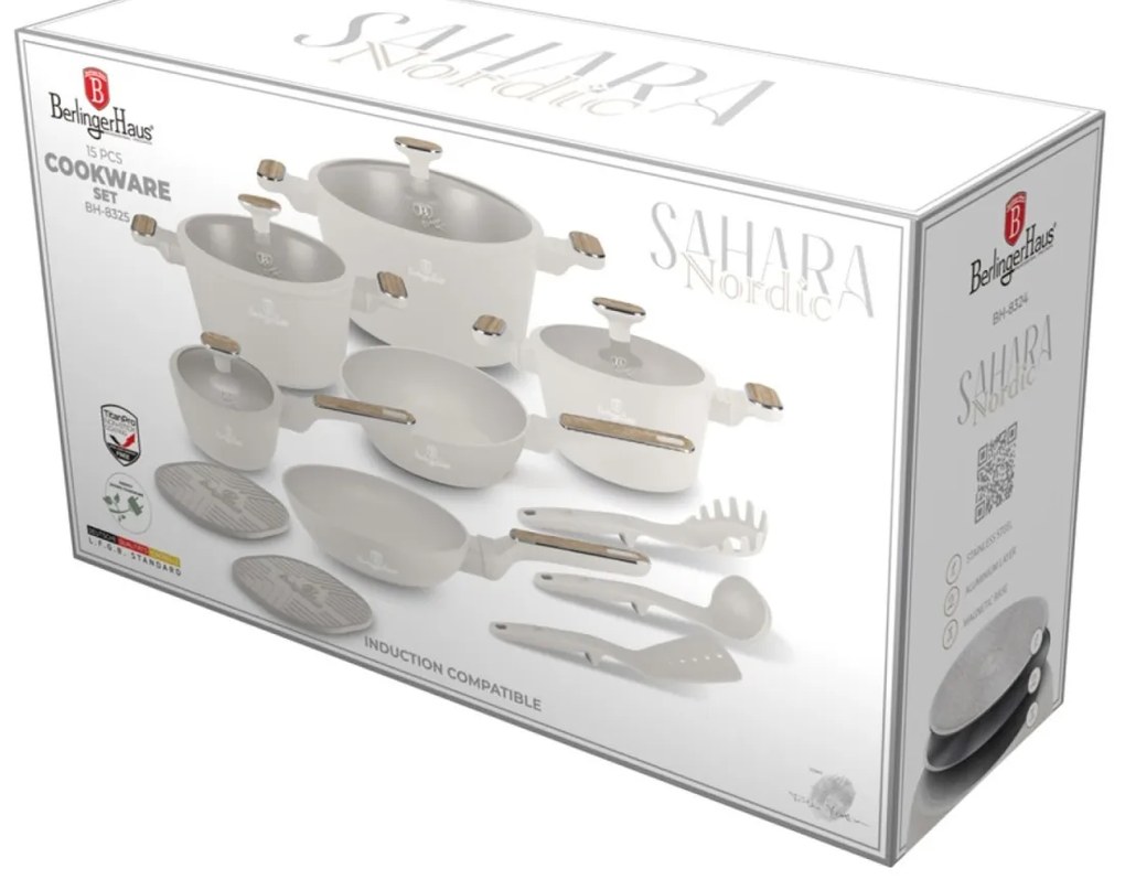Set oale si tigai 15 piese, manere insertie lemn Sahara Nordic Berlinger Haus BH 8325, inductie, design modern
