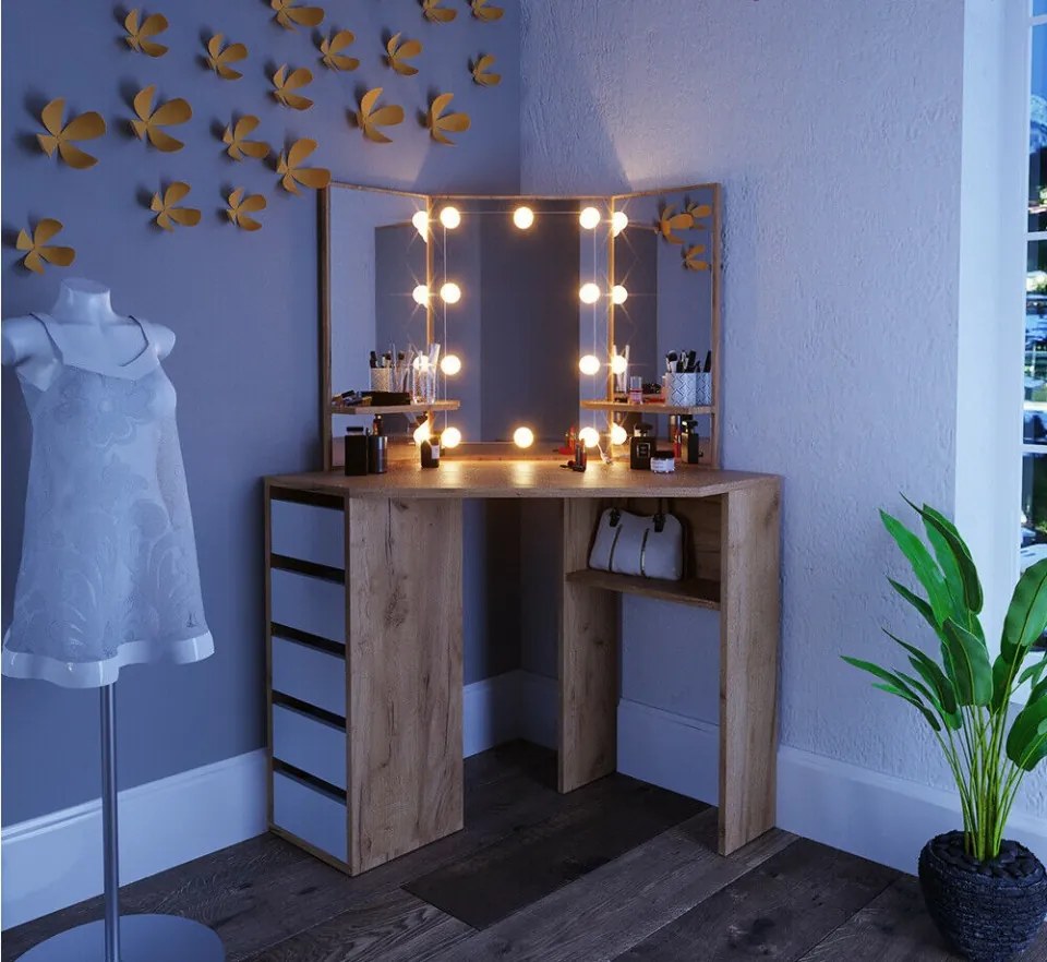SEM216 - Set Masa toaleta cosmetica machiaj, cu oglinda make-up cu sau fara LED-uri, masuta vanity - Maro pe colt