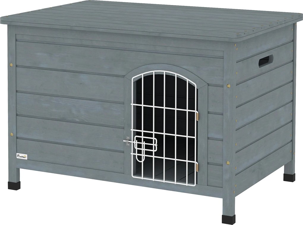 PawHut cușcă pentru câini, casă pentru câini cu ușă, cutie pentru câini, adăpost pentru animale, lemn de brad, gri închis | Aosom Romania