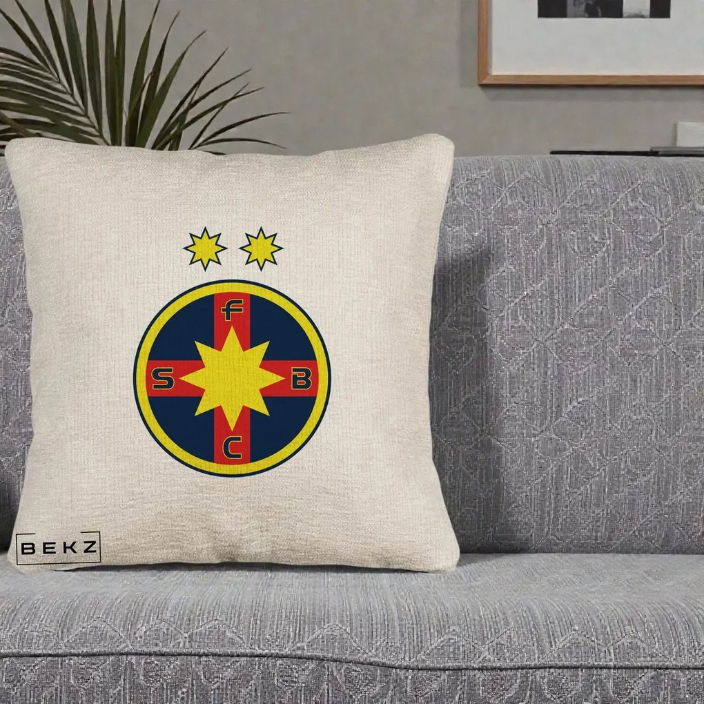 Perna Personalizata FCSB Fotbal Club Steaua Bucuresti, 40x40 cm, Bej Canapea, Husa Detasabila, Perna Inclusa, BEKZ®