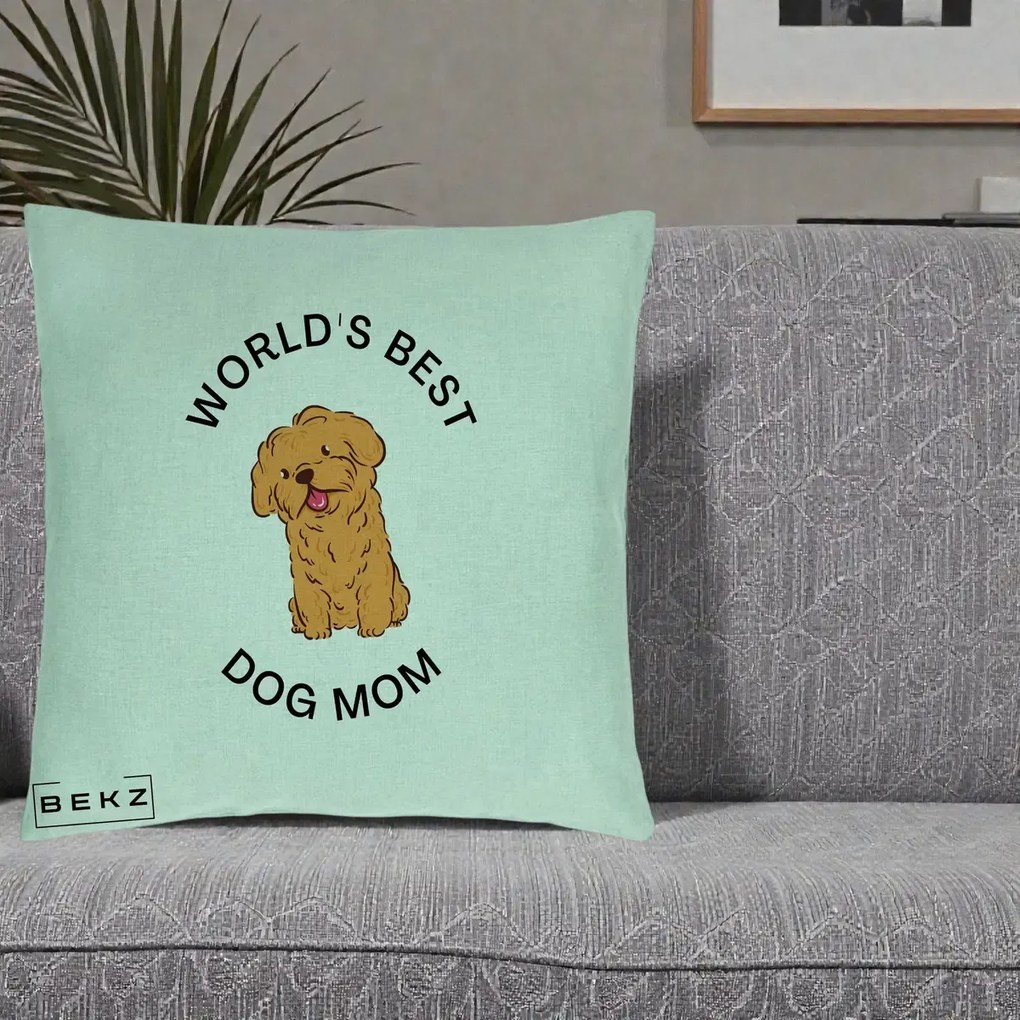 Cadou pentru Iubitorii de Caini - Perna Personalizata World's Best Dog Mom, 40x40 cm, Verde Menta, Husa Detasabila, Perna Inclusa, BEKZ®