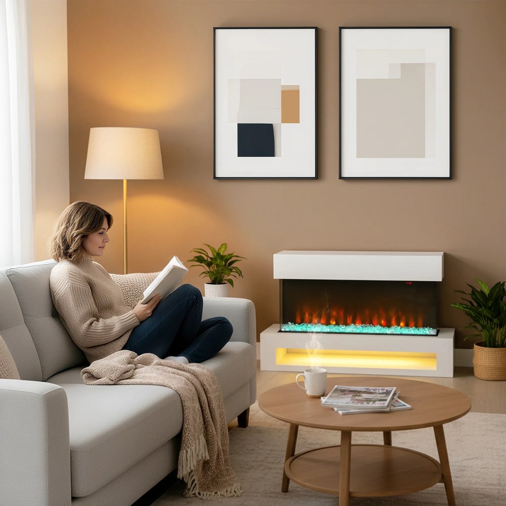 HOMCOM Șemineu electric cu 11 culori ale flăcării, 10 culori ale patului de cristale, 1000W/2000W, telecomandă, versatil, Alb | Aosom Romania