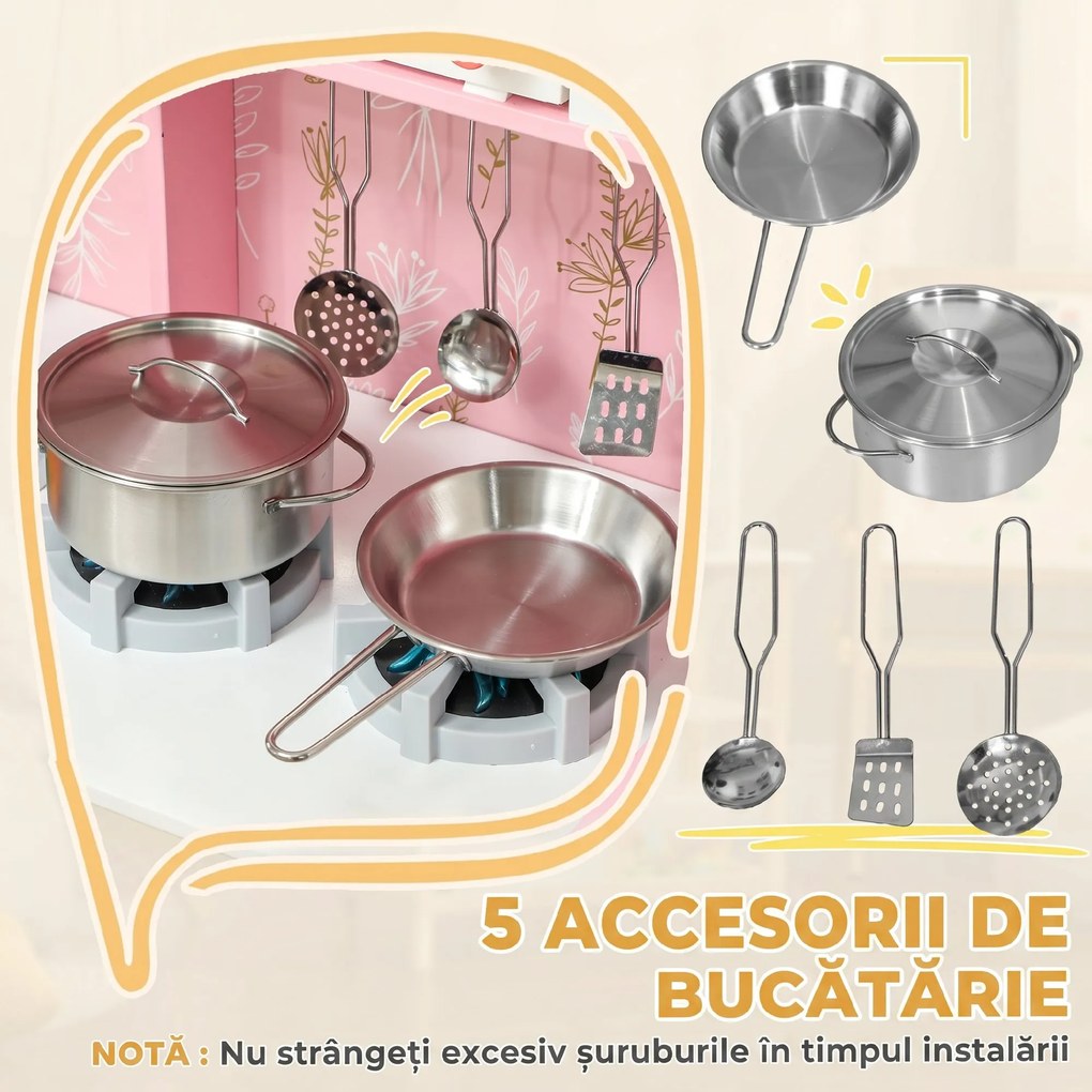 AIYAPLAY Set Bucătărie de Jucărie din Lemn, cu Lumini și Sunete, Roz | Aosom Romania
