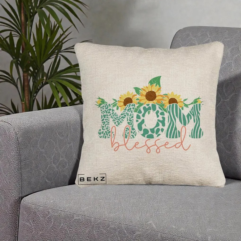 Cadou pentru Mama - Perna Personalizata Mom Blessed cu Floarea Soarelui Animal Print Teal, 40x40 cm, Bej Canapea, Husa Detasabila, Perna Inclusa, BEKZ®