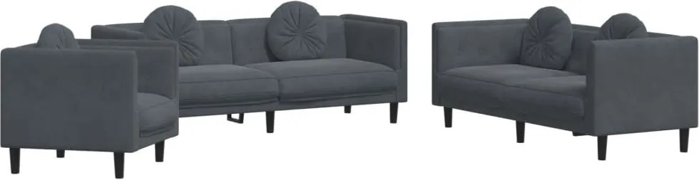 vidaXL Set canapea cu perne, 3 piese, gri închis, catifea