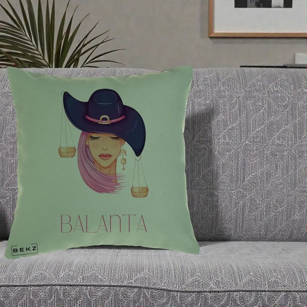 Perna Personalizata Zodiac Balanta Cowgirl, 40x40 cm, Verde, Husa Detasabila, Perna Inclusa, BEKZ®