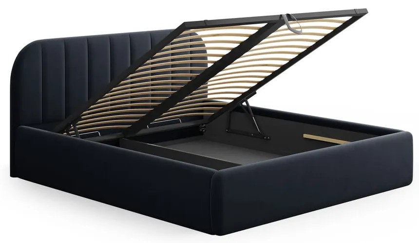 Pat matrimonial albastru închis tapițat cu spațiu de depozitare cu somieră 180x200 cm Juno – Windsor & Co Sofas