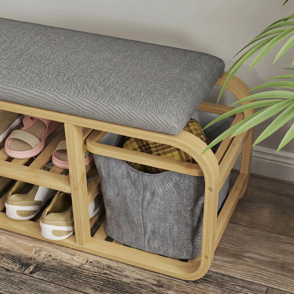 HOMCOM Bancă pentru Pantofi din Bambus cu 2 Rafturi și Coș Detașabil, 70x30x45 cm, Lemn | Aosom Romania