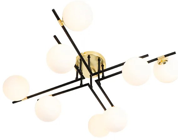 Plafoniera neagra cu auriu si sticla opala cu 8 lumini - Lynn