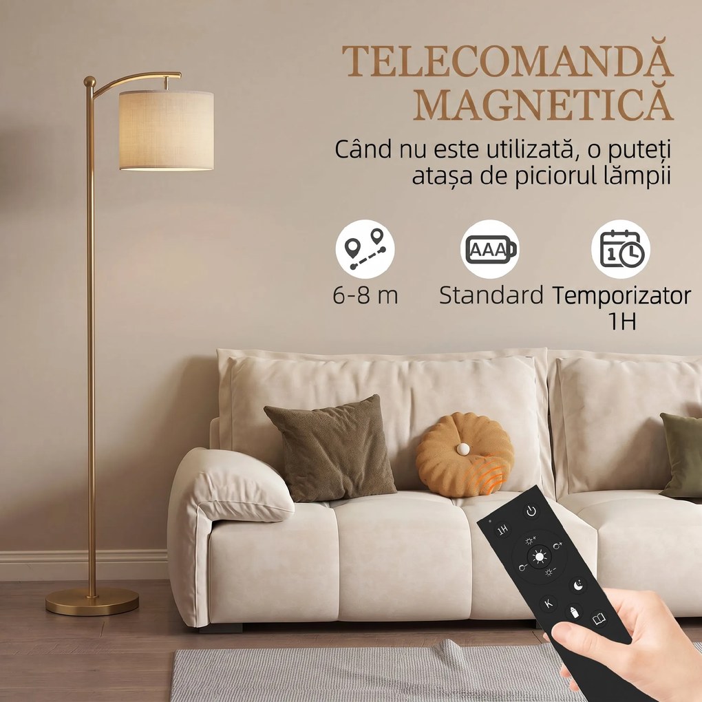 HOMCOM Lampadar LED cu Telecomandă, Lumină Reglabilă în 11 Temperaturi de Culoare și 11 Niveluri de Luminozitate, Auriu | Aosom Romania
