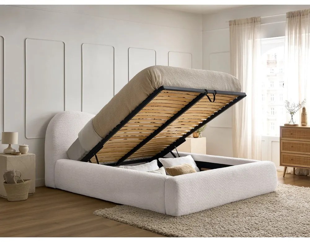 Pat matrimonial alb tapițat cu spațiu de depozitare cu somieră 160x200 cm Orlane – Bobochic Paris