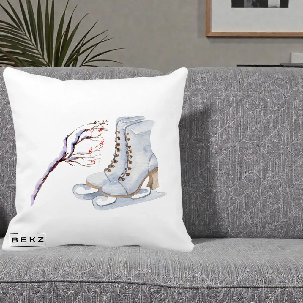 Perna Decorativa Patine cu Ramuri Inzapezite, 40x40 cm, Alba Mata, Husa Detasabila, Perna Inclusa, BEKZ®